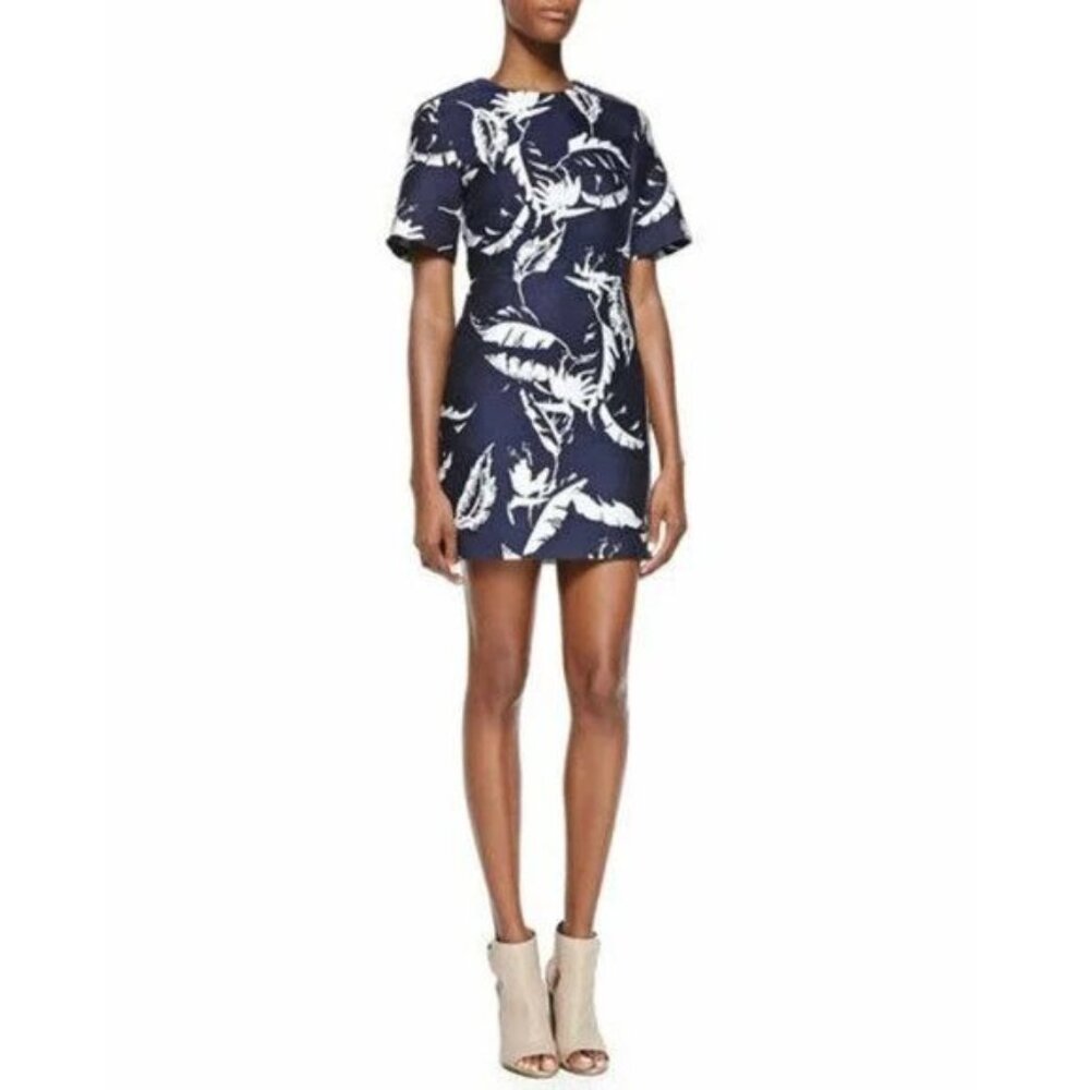 Adam Lippes Leaf Jacquard Sculpted Dress Navy White Short Sleeve Mini